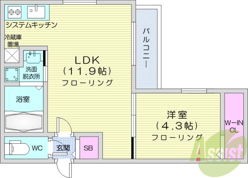 1LDK、エアコン、システムキッチン、ネット無料