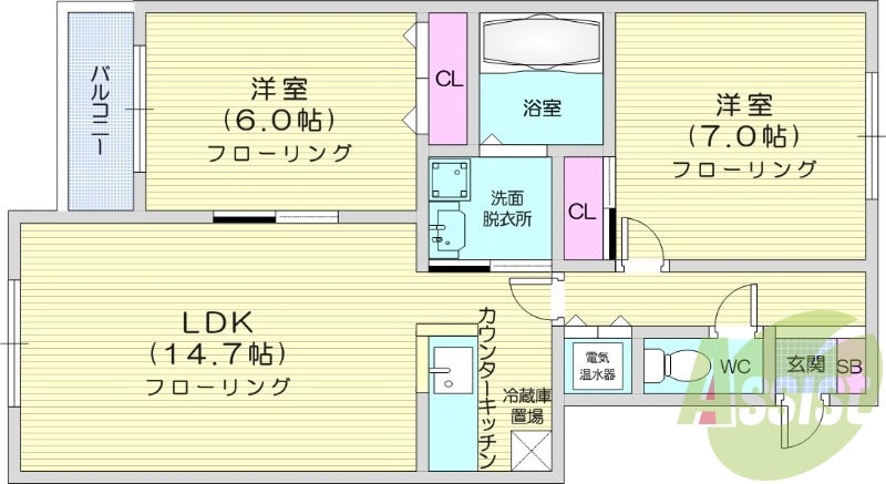 2LDK、1坪バス、トランクルーム、洗髪洗面化粧台