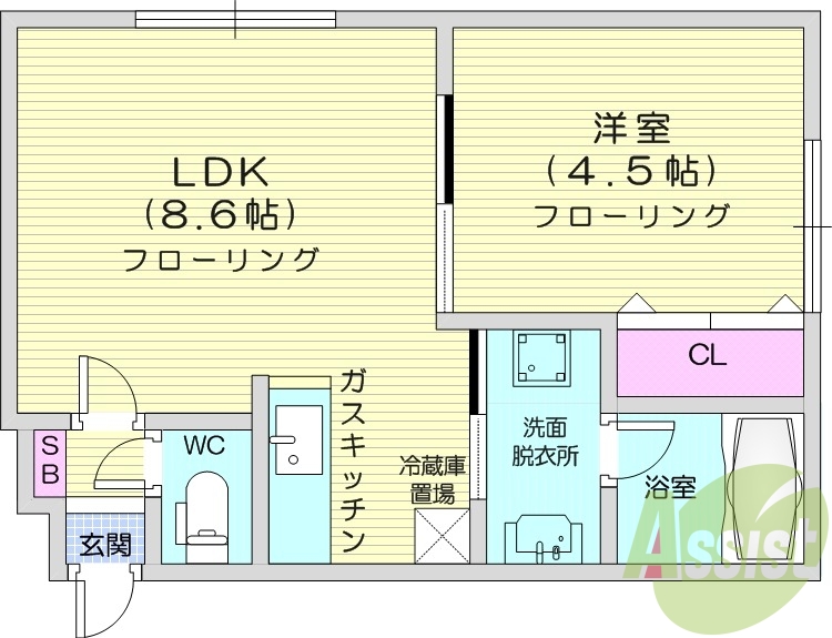 1LDK、灯油暖房、独立洗面台、バストイレ別
