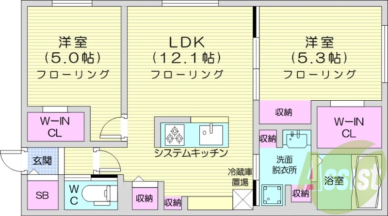 2LDK、都市ガス、エアコン、システムキッチン
