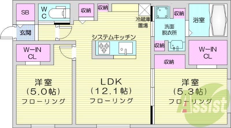 2LDK、都市ガス、エアコン、システムキッチン