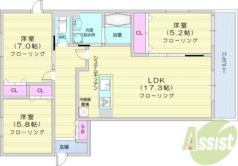 3LDK、都市ガス、エアコン、システムキッチン、追い焚き