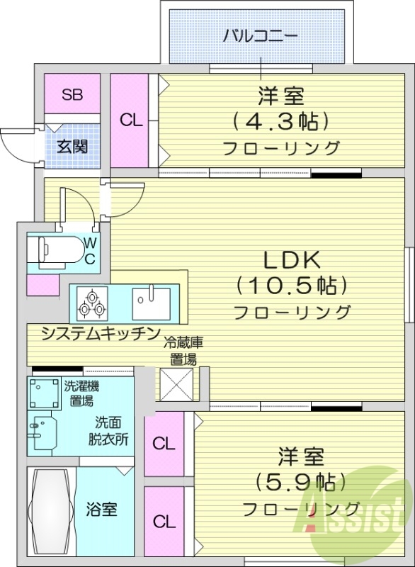 2LDK、都市ガス、オートロック、ネット無料