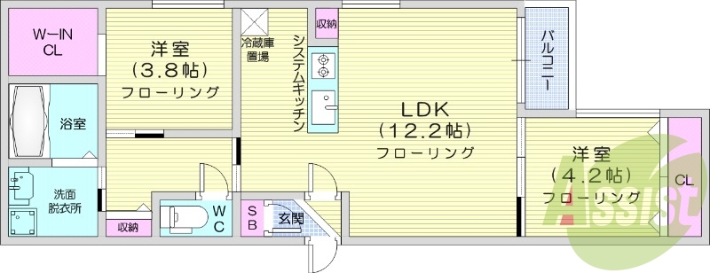 2LDK、都市ガス、システムキッチン、エアコン