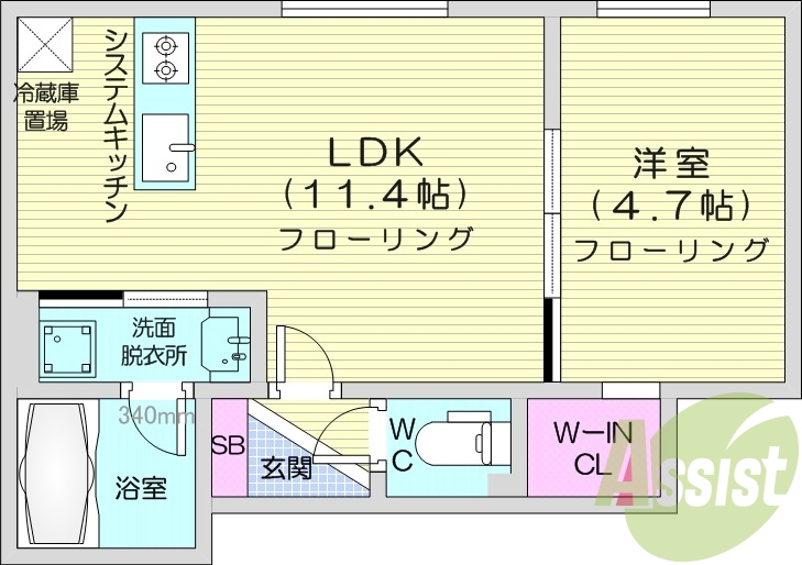 1LDK、都市ガス、システムキッチン、エアコン