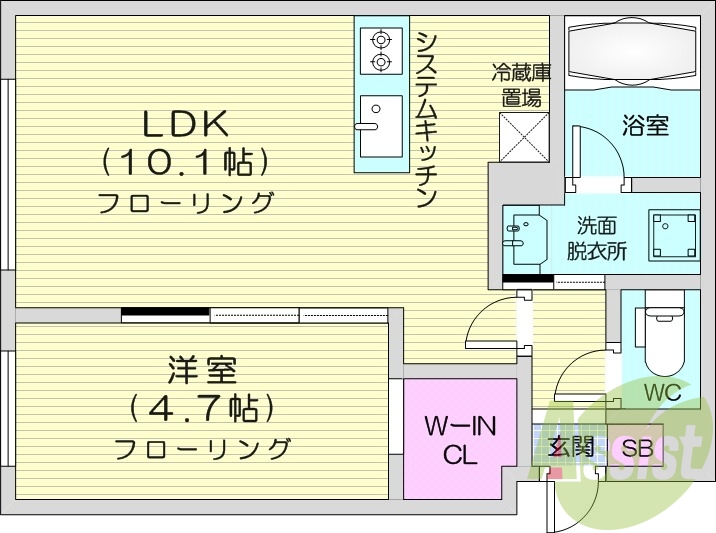1LDK、都市ガス、システムキッチン、エアコン