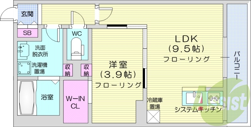 1LDK、エアコン、システムキッチン、ネット使用料不要