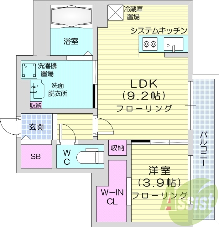1LDK、エアコン、システムキッチン、ネット使用料不要