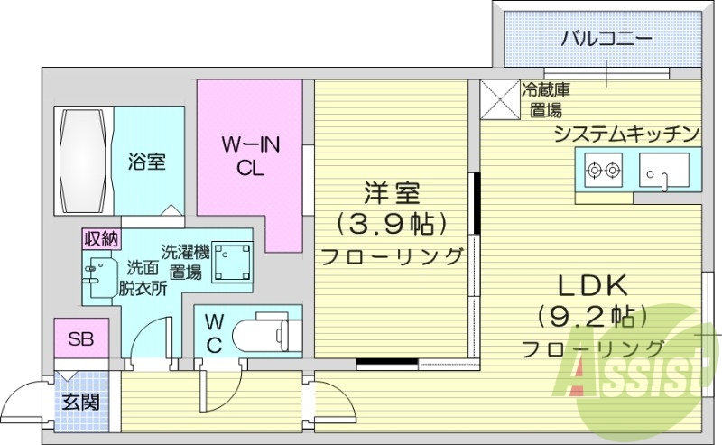 1LDK、エアコン、システムキッチン、ネット使用料不要