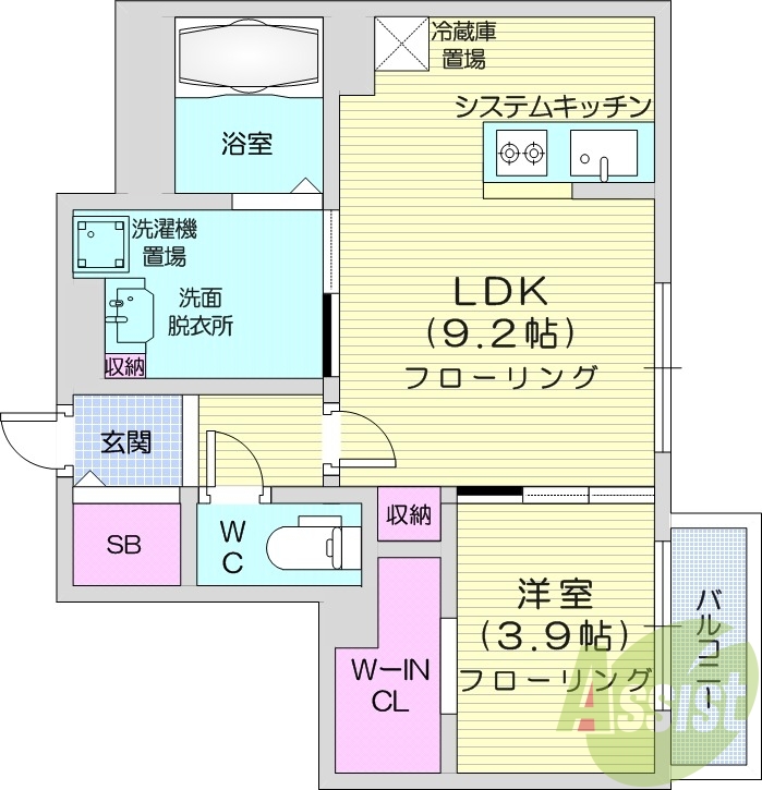 1LDK、エアコン、システムキッチン、ネット使用料不要