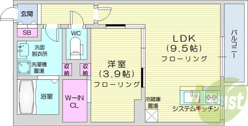 1LDK、エアコン、システムキッチン、ネット使用料不要