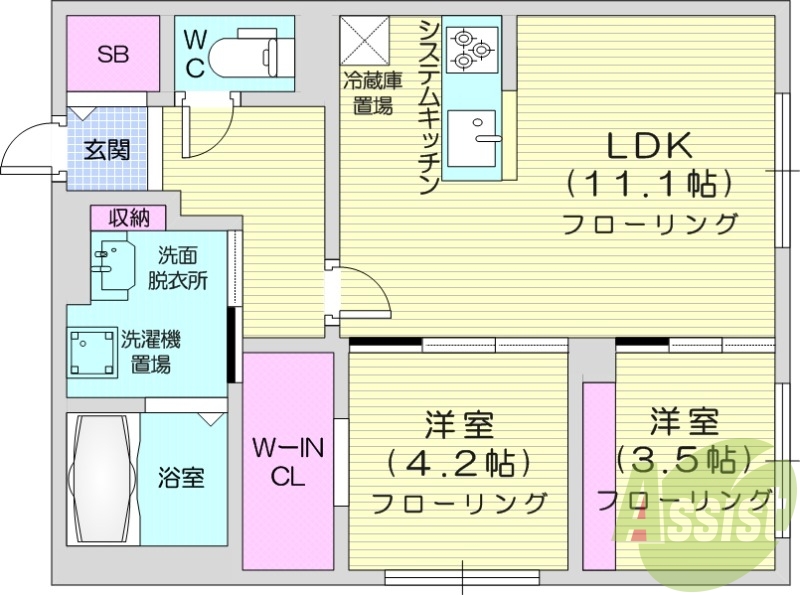 2LDK、エアコン、システムキッチン、ネット使用料不要