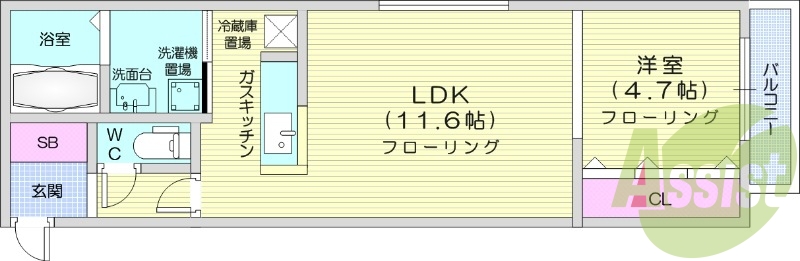 1LDK、角部屋、カウンターキッチン、エアコン