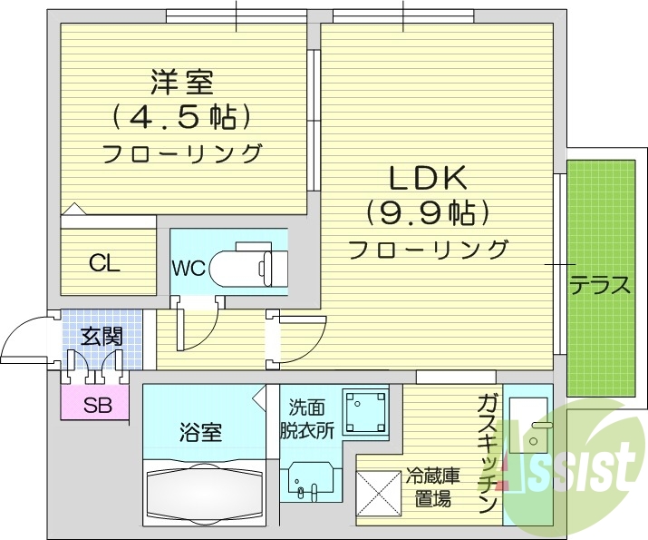 1LDK、エアコン、独立洗面台、ネット使用料不要