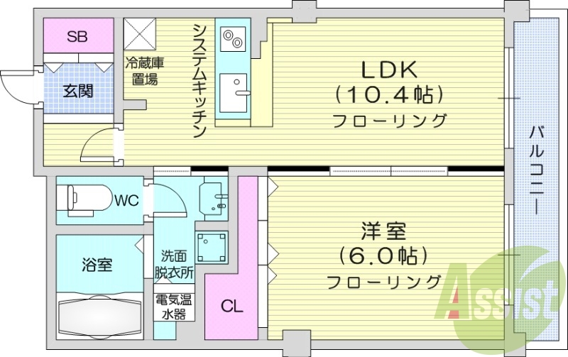 1LDK、オートロック、オール電化、システムキッチン