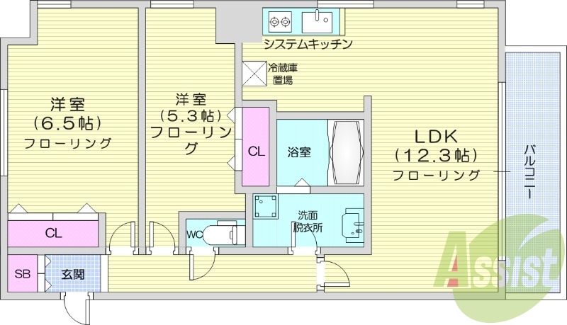 2LDK、都市ガス、システムキッチン、ガスFF暖房