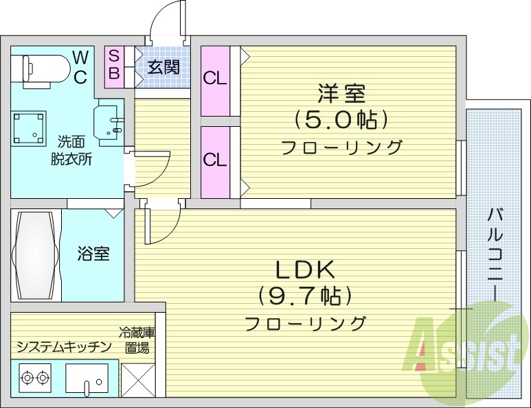 1LDK、都市ガス、ネット無料、バストイレ別、灯油暖房