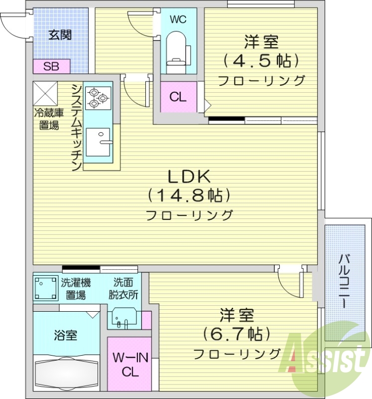 2LDK、都市ガス、システムキッチン、エアコン、浴室乾燥機
