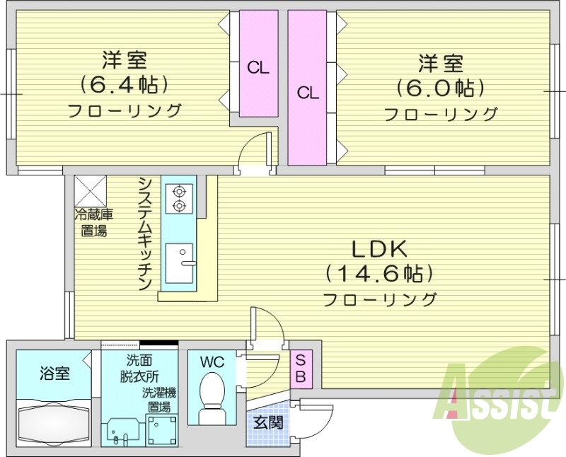2LDK、ペット可、システムキッチン、独立洗面台