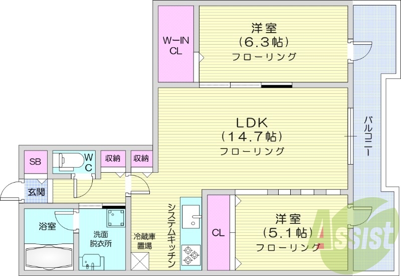 2LDK、都市ガス、エアコン、ウォークインクローゼット