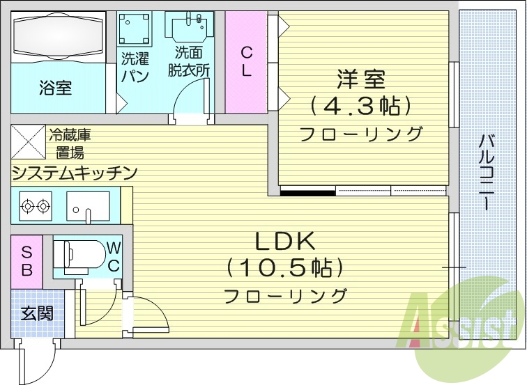 1LDK、都市ガス、エアコン、システムキッチン
