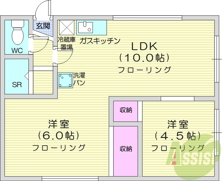 2LDK、水洗トイレ、ガス給湯、ペット相談可能、DIY可能