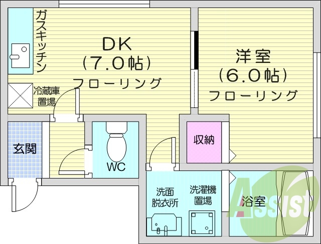1DK、洗面脱衣所、ガスFF暖房、室内洗濯機置場