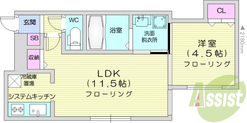1LDK、都市ガス、エアコン、浴室乾燥機、システムキッチン