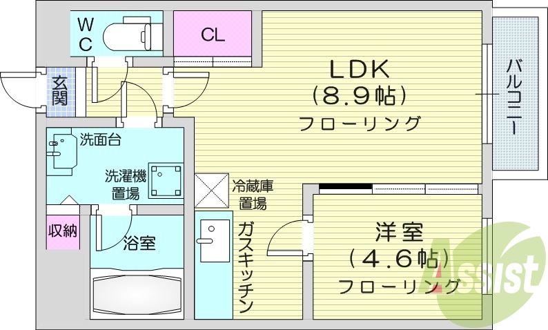 1LDK、インターネット使用料無料、バルコニー