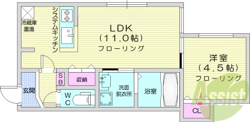 1LDK、都市ガス、エアコン、浴室乾燥機、システムキッチン