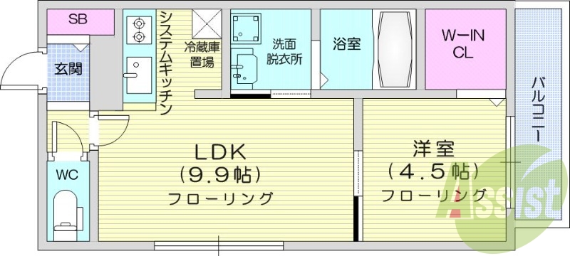 1LDK、都市ガス、エアコン、浴室乾燥機、システムキッチン
