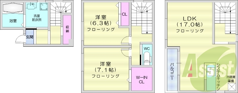 2LDK、都市ガス、エアコン、追い焚き、独立洗面台