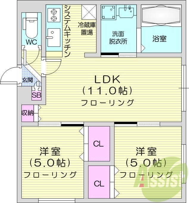 2LDK、エアコン、システムキッチン、浴室乾燥機