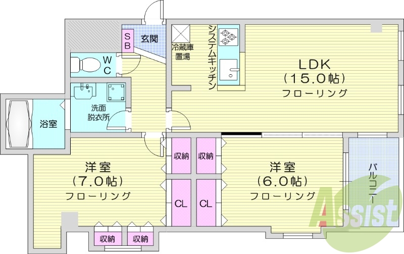 2LDK、トランクルーム、システムキッチン、オートロック