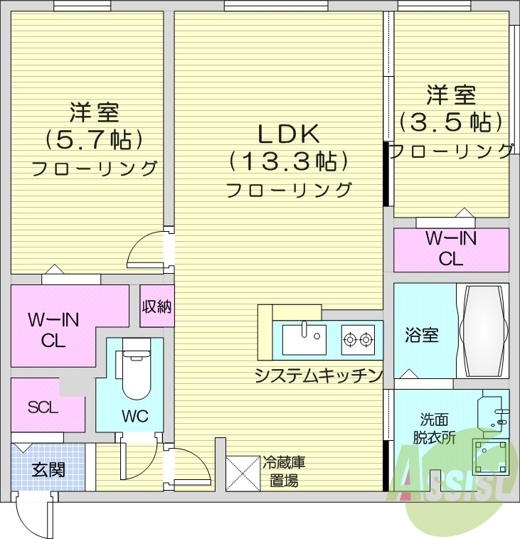 2LDK、都市ガス、エアコン、ネット使用料不要