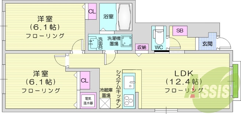 2LDK、エアコン、独立洗面台、浴室乾燥機、トランクルーム