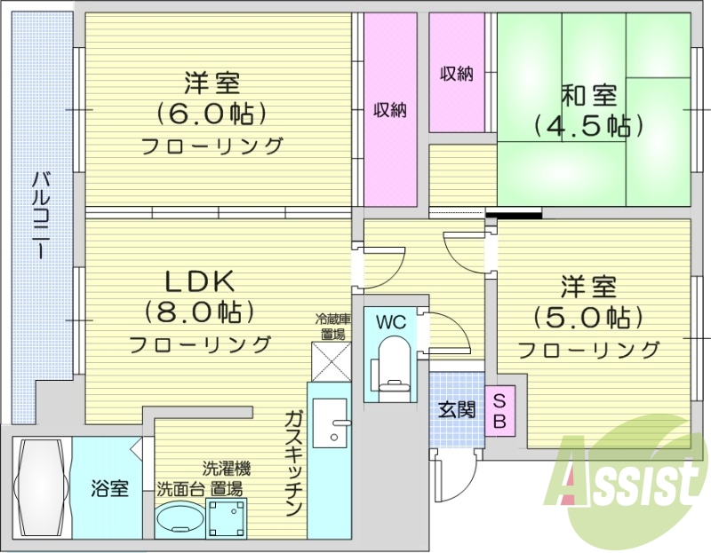 3DK、灯油暖房、エアコン、バルコニー、トランクルーム