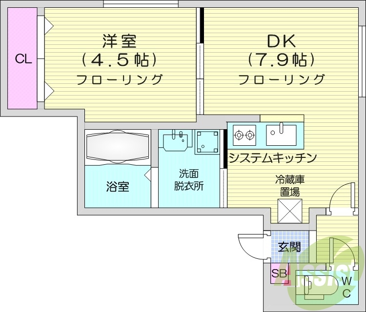 1LDK、エアコン、都市ガス、システムキッチン