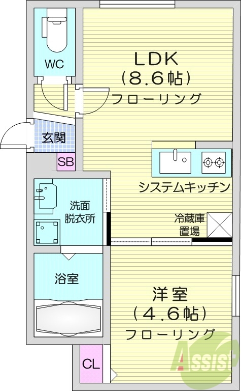 1LDK、エアコン、都市ガス、システムキッチン