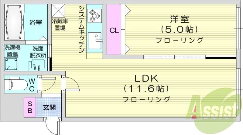 1LDK、灯油暖房、ネット無料、システムキッチン