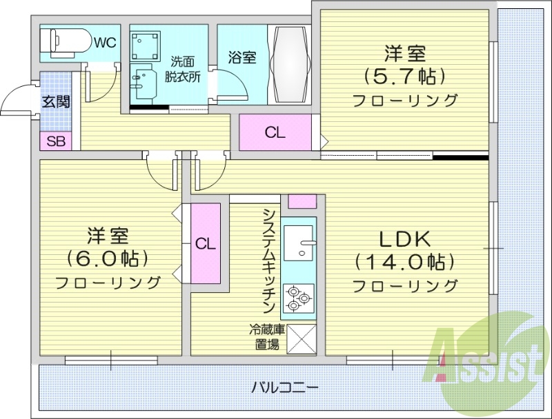2LDK、システムキッチン、光ファイバー、宅配ボックス