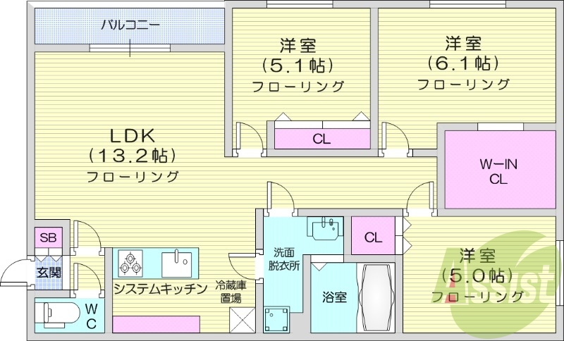 3LDK、都市ガス、システムキッチン、追い焚き