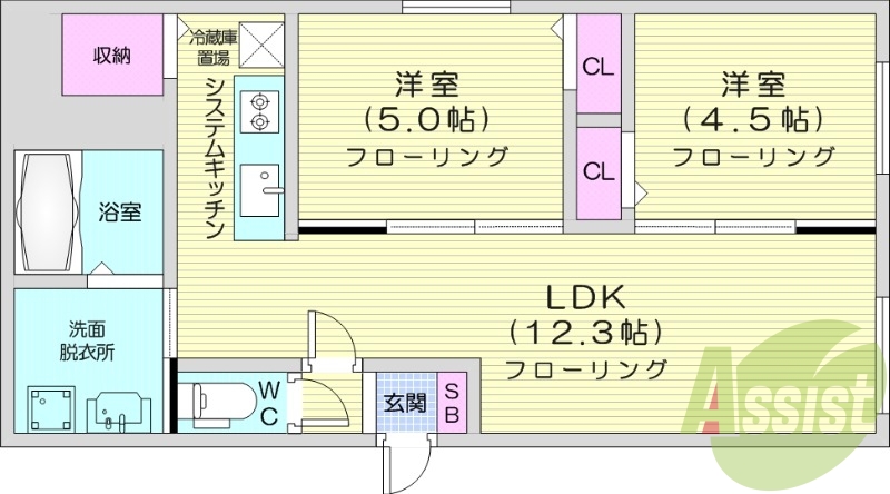 2LDK、エアコン、都市ガス、システムキッチン