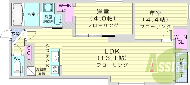 2LDK、都市ガス、エアコン、システムキッチン