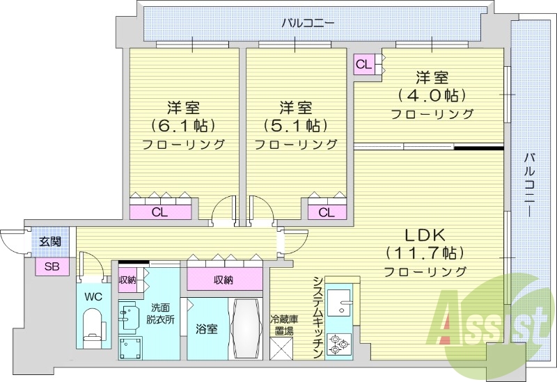 3LDK、エアコン、都市ガス、システムキッチン