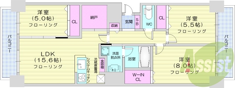 3LDK、システムキッチン、追い焚き、エアコン