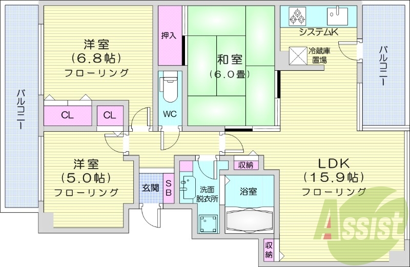 3LDK、都市ガス、バルコニー、浴室乾燥機