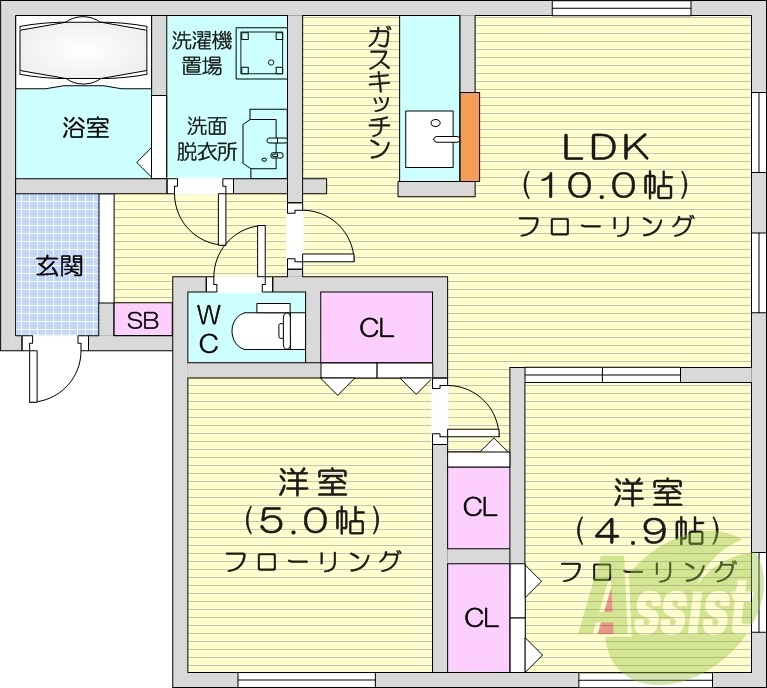 2LDK、角部屋、最上階、バストイレ別、独立洗面台