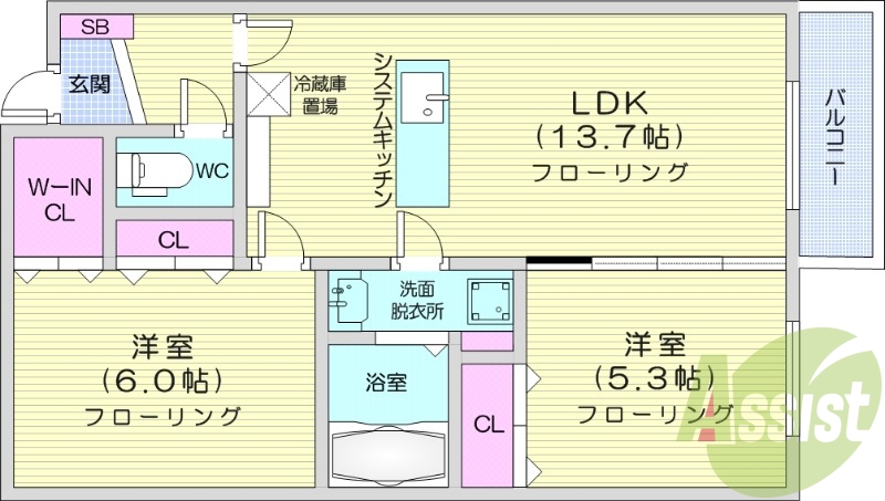 2LDK、都市ガス、システムキッチン、オートロック