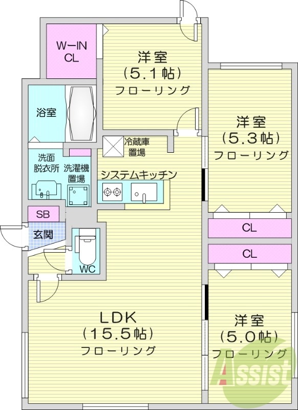 3LDK、都市ガス、エアコン、ネット無料